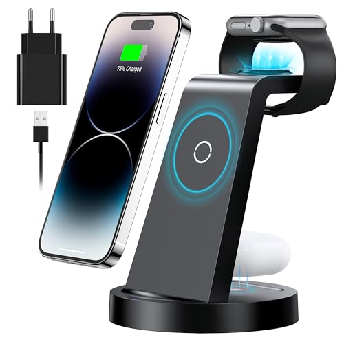 3 in 1 iPhone Ladestation Schnelles Kabelloses Ladegerät für Apple - Wireless Charger für iPhone 17 Air 16e 16 15 14 13 12 11 X Pro Max & Apple Watch 11-2 und Air Pods 4 3 2 Pro mit 18W Fast Adapter