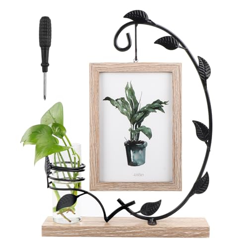 JTgugu 10x15cm Bilderrahmen Holz mit Vase und Metall Ständer Doppelglas Fotorahmen Personalisiert Vintage Holzbilderrahmen Fotogeschenke Bilder Weihnachten Hochzeit Familie Geschenk für Mama Oma-Gelb