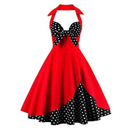IWEMEK Damen Halter Vintage 1950er Rockabilly Retro Kleider Elegantes 50er Pinup Hepburn-Stil Swing Neckholder Knielang Abendekleider Partykleider Cocktailkleider Faltenrock # Rot Polka Dots XXL