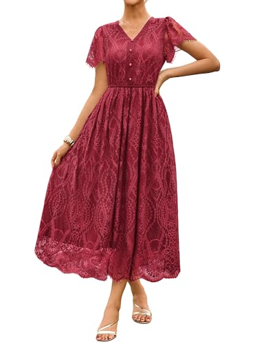 GRACE KARIN Damen Herbst Kurzarm Elegant Lang Boho Spitzenkleid Rüschen Saum Wickelkleid CL343-04 M