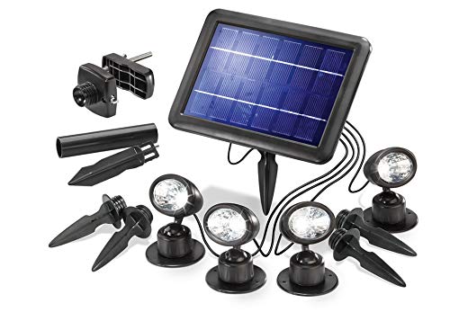 Esotec LED Solarspot Quattro Power, 4er Set, Solarstrahler, Bodenstrahler, Solarleuchte, Gartenzubehör, Akku, Klemmhalterung, Wandhalterung, Erdspieß, kaltweiß, IP44, wetterfest, außen, 102142