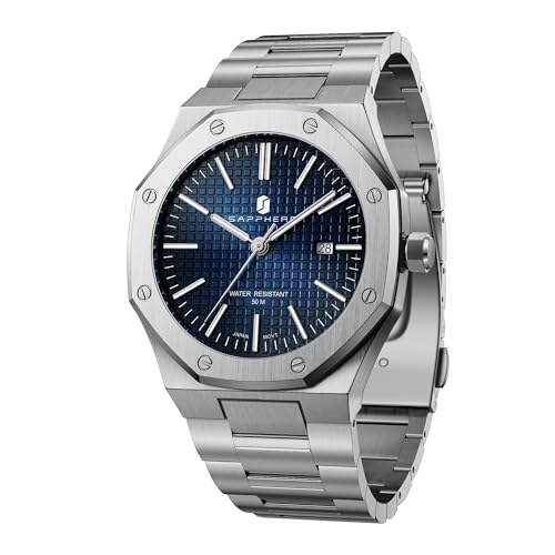 SAPPHERO Uhren Herren Quarzwerk Silber Edelstahl Armband 30M Wasserdicht Datum Kalender Schwarz Blau Herrenuhren Armbanduhr Geschenke für Männer
