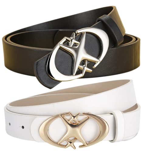 GXGM 2 Stück Y2K Gürtel Pu Lederbund, 105Cm Vintage Gothic Punk Doppelsterne Schnallengürtel Für Männer Und Frauen, Vintage Gothic Gürtel (Schwarz/Weiß)