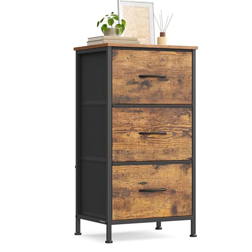 SONGMICS Kommode, Schrank, 3 Stoffschubladen, Aufbewahrungsschrank, Stahl, MDF, Vliesstoff, für Schlafzimmer, Flur, Wohnzimmer, vintagebraun-tintenschwarz LGS313BH03