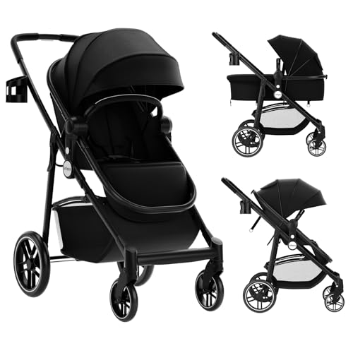 COSTWAY 2 in 1 Kinderwagen faltbar, Kombikinderwagen mit umkehrbarem Sitz & Liegefunktion, Reisebuggy mit verstellbarer Rückenlehne & Verdeck, tragbares Reisesystem für Baby bis 3 Jahren (Schwarz)