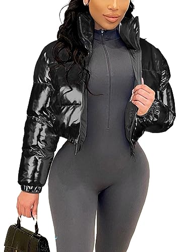 Flygo Damen Metallic Glänzend Cropped Steppjacke Puffer Jacke Reißverschluss Gepolstert Daunenmantel Oberbekleidung, Schwarz, S