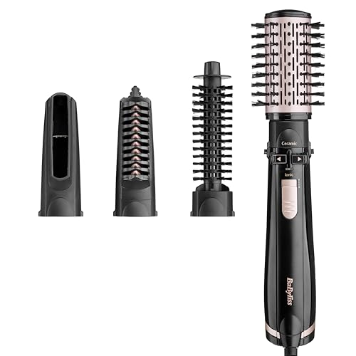BaByliss Dry, Straighten and Style - Rotierende Warmluftbürste, 1000W Ionen Rundbürstenföhn mit 4 Aufsätzen zum Föhnen, Glätten, Volumen kreieren, Schwarz, AS200E