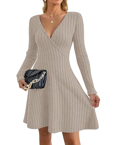 AUSELILY Strickkleid Damen Herbst Leichte Langarm V-Ausschnitt Winterkleid A Linie Elegant Herbstkleid Knielang Kleid Midi Pulloverkleid Tunikakleid Khaki L