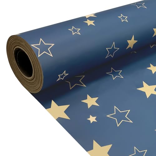 43 cm x 15 m Geschenkpapierrolle, recycelbares blaues Kraftpapier mit Sternen für Weihnachten, Geburtstage, Halloween, Hochzeitsfeierdekoration