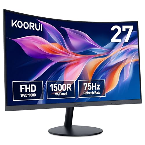 KOORUI Curved Monitor - 27 Zoll FHD Curved Computer Monitor, VA-Panel, 75Hz, Krümmung 1500R, Neigungsverstellung, Augenpflege, HDMI, VGA Gaming Monitor, Schwarz