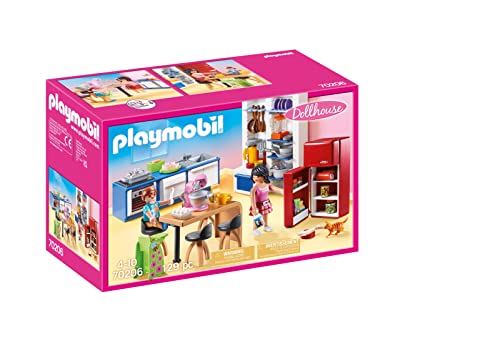 PLAYMOBIL Dollhouse 70206 Familienküche, Küchenzeile mit Backofen, Spülmaschine, Kühlschrank und Essbereich sowie cleveren Utensilien zum Kochen, Ab 4 Jahren