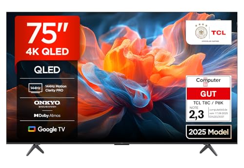 TCL 75T8C 75 Zoll QLED 4K HDR UHD Fernseher, Smart Google TV Dolby Vision Atmos,144Hz Motion Clarity Pro, Game Bar, ALLM, FreeSync, Onkyo 2.1 Sound,Sprachsteuerung, Kompatibel mit Google Assistant