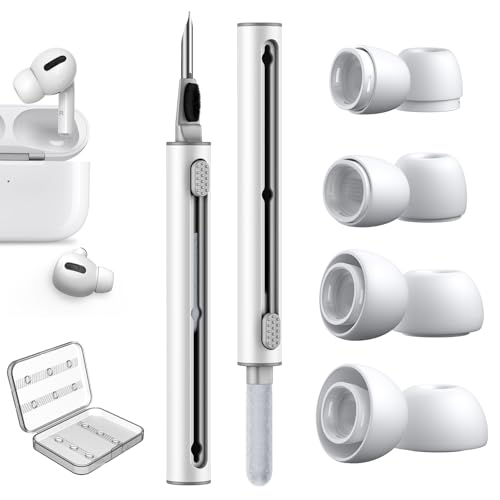 4 Paar Ersatz-Ohrstöpsel für AirPods Pro/AirPods Pro 2 Aufsätze mit Loch zur Geräuschreduzierung, 3 in 1 Airpods Reinigungsset mit Cleaner Stift, Airpods Pro Silikontips mit Aufbewahrungsbox- XS/S/M/L