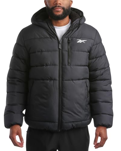 Reebok Herren-Winterjacke – schwerer Sherpa-Futter, Puffer-Parka, Herren-Wintermantel, isoliert, gesteppt, Skijacke für Herren, Schwarz (Jet Black), M
