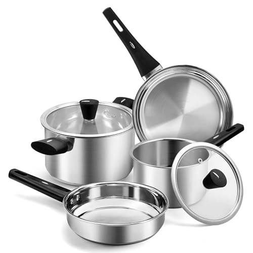 Topfset 6-Teilig Kochtopfset Induktion Töpfe Kochtopf Pfannenset Edelstahl Cookware Set Mit Deckel Verbrühungsschutz Griff, Induktionstopf für alle Herdarten geeignet, Unbeschichtet, Spülmaschinenfest
