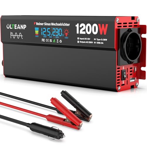 OLTEANP Wechselrichter 12V auf 230V Reiner Sinus,Spannungswandler 1200W Inverter mit LCD-Bildschirmanzeige, AC-Steckdosen, 36W Typ-C-Anschluss, 5V/3A USB-Anschluss für LKW,Zuhause,Fahrzeuge