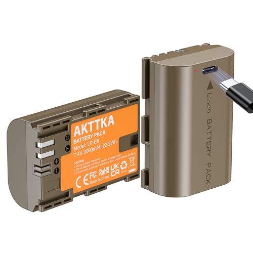 AKTTKA LP-E6 Ersatzbatterie (2er-Pack) mit 2-in-1 USB-C Ladekabel, 3000mAh Batterie Kompatibel mit Canon LP-E6, LP-E6N und Canon EOS 5D Mark II/III/IV,6D,6D Mark II,7D,7D Mark II,60D,70D,80D und mehr