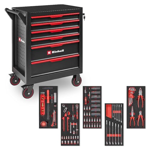 Original Einhell Werkstattwagen 149-tlg. (70 Bits, 11 Ringgabelschlüssel, Zangen, Steckschlüsseleinsätze, Umschaltknarre, Wasserwaage, Maßband, Schlosserhammer)