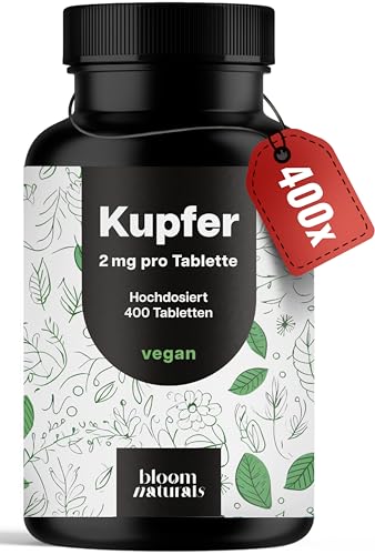 Kupfer Tabletten - 400 Stück x 2 mg Kupfer aus Kupferbisglycinat - hochdosiert - Copper, vegan und produziert in Deutschland - Verpackung kann variieren