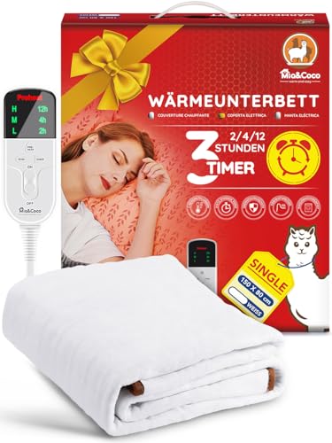 Mia&Coco Heizdecke mit Abschaltautomatik, 150 x 80 cm, Wärmeunterbett mit 12-Stunden-Timer und 3 Wärmestufen, LED-Anzeige, Überhitzungsschutz, Wärmedecke für Gängigen Matratzen,Maschinenwaschbar