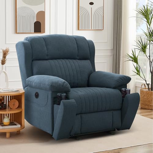 Consofa Fernsehsessel Elektrisch Verstellbar, Relaxsessel mit Liegefunktion, TV Sessel mit Massage & Wärmefunktion, Versteckte GeträNkehalter, Typ C & USB-AnschlüSse, bis 160 kg (Blau)