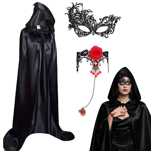 Winwild Schwarzer Umhang mit Kapuze,3er Halloween Umhang Kostüm Damen Set,160cm Vampir Umhang mit Maske & Gothic Finger Kette,Satin Cape Halloween Kostüm Vampir Kostüm Erwachsene