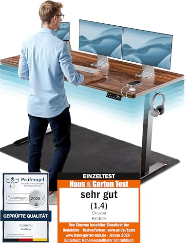 CLOUVOU ProDesk Höhenverstellbarer Schreibtisch 160x80 Elektrische Smart Steuerung, Memory Funktion, Kabelmanagement | Stufenlose Höhenverstellung 72-120cm (Metall Schwarz/Holz Braun)