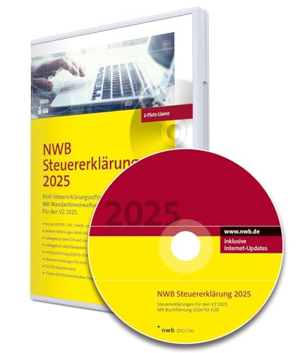 NWB Steuererklärung 2025 – 2-Platz-Lizenz: Profi-Steuererklärungssoftware. Für den VZ 2025. Mit Buchführung 2026 für EÜR. 7 Jahre Elster-Schnittstellen-Support. CD-Version.
