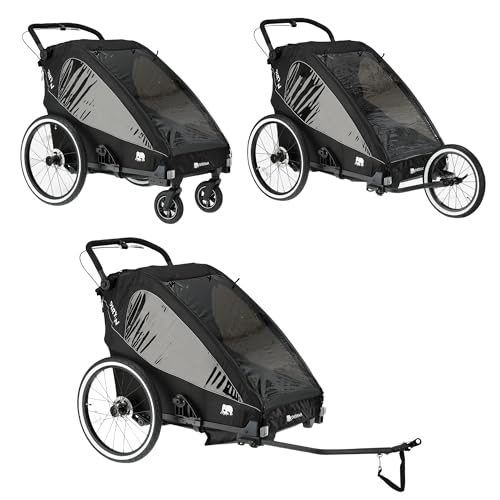 DERYAN 2-in-1 Fahrradanhänger und Jogger für 2 Kinder – Multifunktionaler Kinderwagen – Zusammenklappbar – Federung – Verstellbare Schiebestange – Sicherheitsgurte – Reflektoren – Viel Stauraum