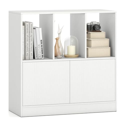 COSTWAY 3-stöckiges Bücherregal mit 2 Türen, Würfelregal mit offenen Fächern & Bücherschrank, Standregal Holzregal Bodenaufstellung im Wohnzimmer, Kinderzimmer (Weiß,70 x 30 x 70 cm)