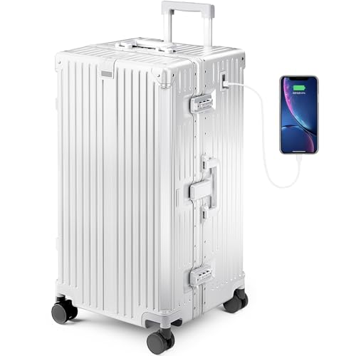 Alphasac Polycarbonat Koffer Groß XL - 97L Innenvolumen, Leicht Hartschalenkoffer Reisekoffer Luggage Suitcase mit Rollen, TSA Schloss & Aluminium Rahmen, 77x40x36 cm, Silber