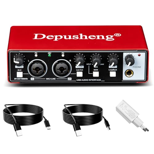 Depusheng 2i2 USB-Audio-Interface, 24 Bit/192 kHz, 48 V Phantomspeisung, Plug & Play für Podcast/Gesang/Gitarre, PC/Mac/iOS-kompatibel, Rotes Metall