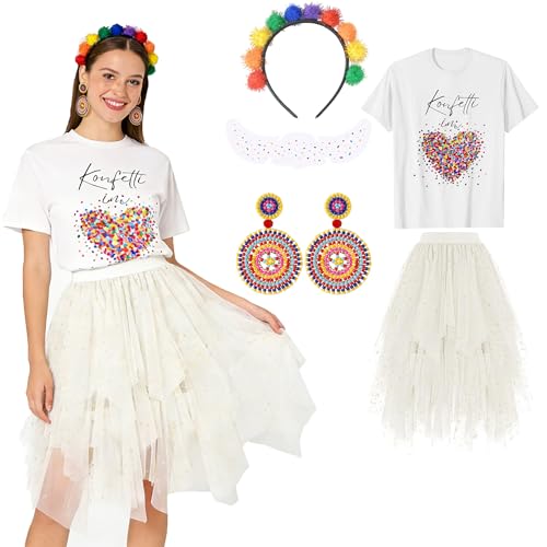 Konfetti Kostüm Damen, Konfetti im Herzen Fasching Karneval Outfit T-Shirt, Weiß Tüllrock, Haarreif Mit Pompoms Bunt, Ohrringe, Aufkleber, Regenbogen Karnevalkostüm Set 5 Stück