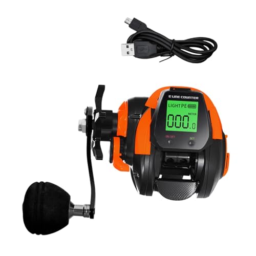 predolo Elektronische Angelrolle für Tiefsee mit USB-Aufladung, 10 kg und digitalem Anzeigefeld, Orangefarbene Linke Hand