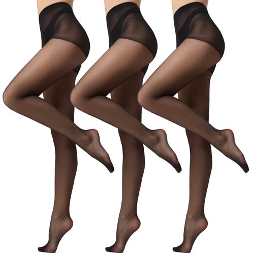 Aaronano Strumpfhosen für Damen Schwarz Hautfarben Feinstrumpfhose 20D Transparente Nylonstrumpfhose 3 Paar Schwarz M