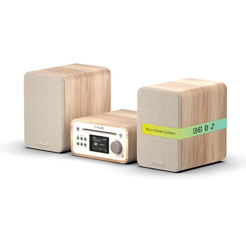 Pure Classic Stereo Mini Mikro HiFi Anlage mit CD-Player DAB+ Radio Bluetooth 5.3 USB AUX Kopfhöreranschluss Fernbedienung 40 W Stereo Holzoptik – Baumwollweiß/Eiche