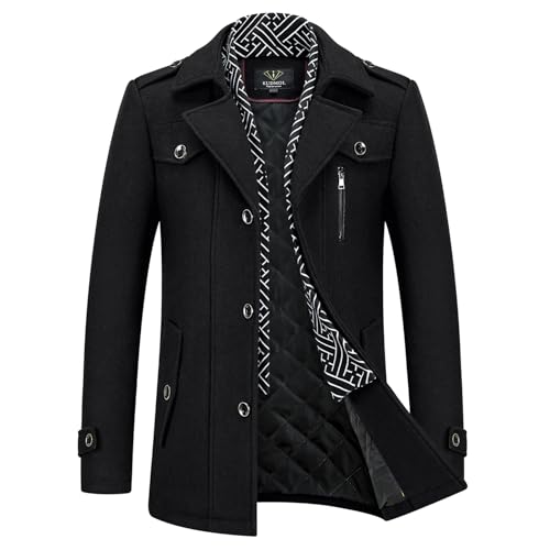 KUDMOL Herren Wintermantel Wolle Kurzmantel Stehkragen Wollmantel Mittellang für Business Freizeit Peacoat(Schwarz,L)