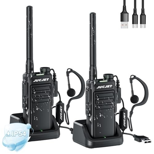 JUCJET EP31 PMR446 Walkie Talkies, IP54 Waterproof Rechargeable Walkie Talkies with 22 Kanäle, 2-in-1 TPYE C Charging Cable, mit USB-Ladestation, Original Earpieces.(Schwarz, 2 Stück)