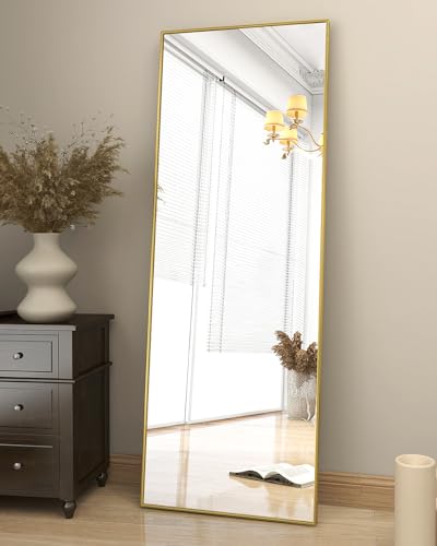 Koonmi 163 x 53 cm Standspiegel, robust Ganzkörperspiegel mit minimalistische schmaler Aluminiumrahmen, modern großer Wandspiegel stehend oder hängend für Wohnzimmer und Schlafzimmer, Gold