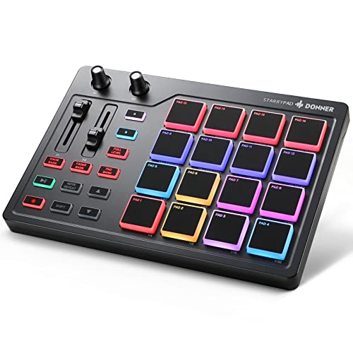 Donner MIDI Pad Controller Keyboard USB Typ-C, Professionelle Drum Pad Maschine Beat Maker mit 16 Pads, MIDI out, 2 zuweisbare Fader und Knöpfe (STARRYPAD MINI, Schwarz)