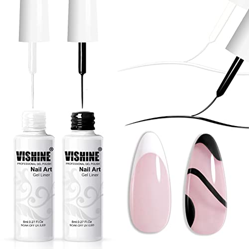 Vishine Gel-Nagellack-Set, 2 klassische weiße und schwarze Farben, Gel-Kunst-Farbe für Wirbelsäulennägel, Euphorie, dünner Nagelkunst-Pinsel in Gelstiften, Soak-Off-Nagelkunst-Set