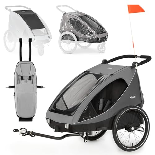 hauck Dryk Duo Set – Fahrradanhänger inkl. Baby Lounger, Sonnensegel & Regenschutz – für 2 Kinder, faltbar, gefedert & mit Kinderwagen-Funktion - Grau