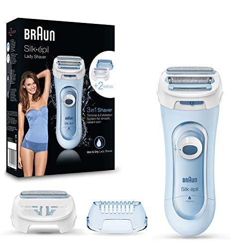 Braun Silk-épil Lady Shaver, Damenrasierer Elektrisch, 3-in-1 Elektrischer Rasierer, Trimmer- und Peeling-System mit 2 Extras, Wet&Dry, LS5160, Blau