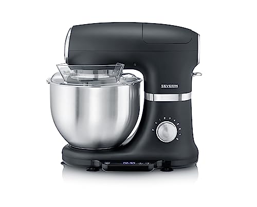 SEVERIN Küchenmaschine mit Waage, große Knetmaschine für bis zu 3 kg Kuchenteig, robuste Teigmaschine mit Knethaken, Flachrührer und Schneebesen, 1.000 W, schwarz, matt,Edelstahl, KM 3898