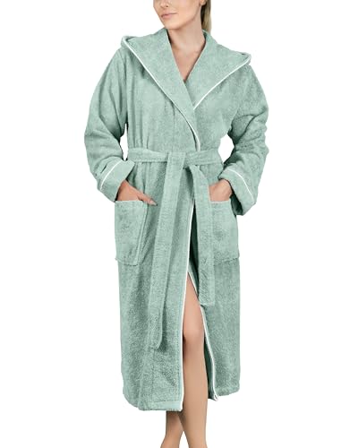 LAYNENBURG Bademantel Damen Frottee - Kapuze - Lang - 100% Baumwolle (360g/m2) - OEKO TEX Standard 100 - Größe (M, Eukalyptus)