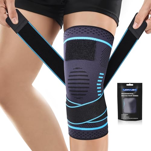 Lexniush Kniebandage für Männer/Frauen, Kompression Kniestütze mit Verstellbarer für Arthritis, Meniskusriss, ACL, Knieschmerzen, Knieorthesen Rechts/Links Bandage Knie für Laufen, Sport Graublau, L
