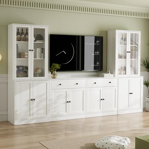 VOWNER 4PSC Großer TV-Schrank mit Bücherregalen für Fernseher bis zu 70 Zoll, 280 cm Long tv Ständer mit gehärteten Glastüren und Einlegeböden, fernsehschrank für Wohnzimmer, 2B+2C (Weiß)