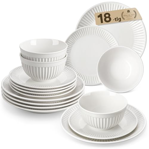 MALACASA Geschirrset 6 Personen, 18-tlg Tafelservice aus Porzellan, Geripptes Strukturiertes Geschirr Set, Skandinavisches Schüssel- und Teller Set, Weiß, Serie LEILA