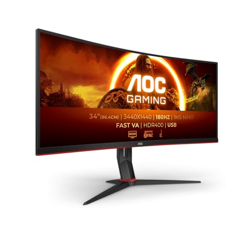 AOC Gaming CU34G2XPD – 34-Zoll-WQHD-Curved-Monitor, 180 Hz, schnelle VA, 1 ms GTG, FreeSync Premium, HDR400, höhenverstellbarer Standfuß (3440 x 1440, HDMI, DisplayPort, USB-Hub)