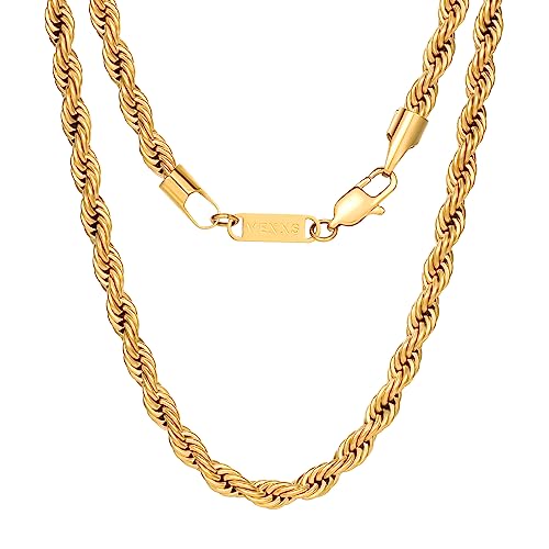 VEXXS Goldkette, 18 Karat Vergoldet 3/5mm Edelstahl Kette, Goldkette für Herren und Damen, Schmuck Geschenk, 46-66cm